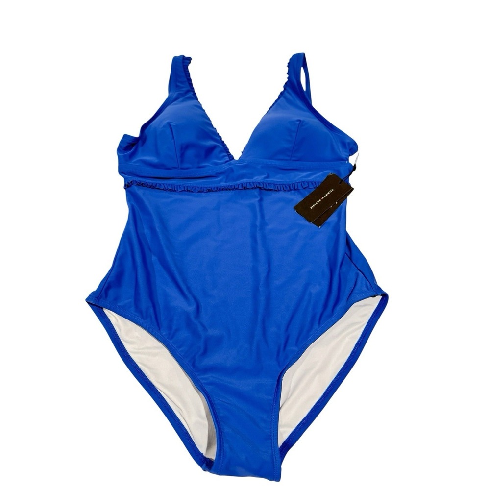 NWT Tommy Hilfiger Ruffled One-Piece Swimsuit Blue Women's 14